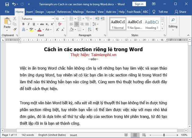 Cách in các Section riêng lẻ trong Word