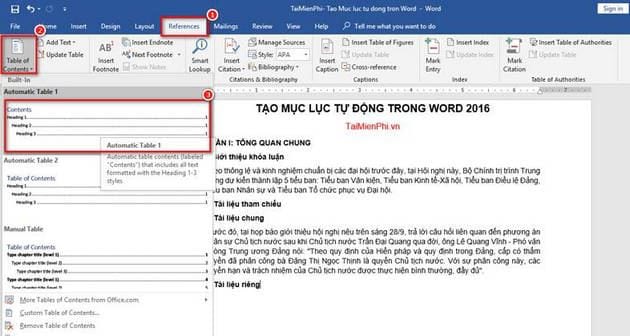 cach lam muc luc trong word 2016 2