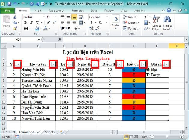 cach loc du lieu tren excel 2