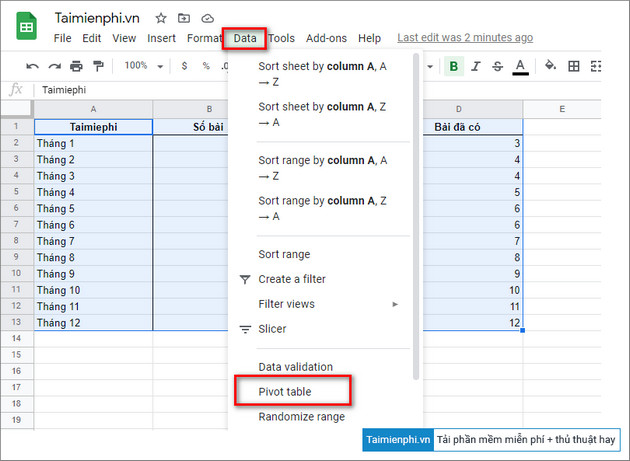 cach tao bang pivot tren google sheets