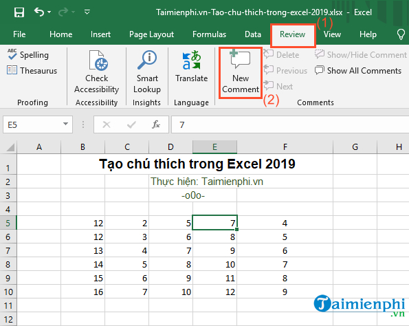 cach tao chu thich trong excel 2019