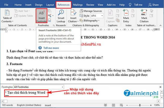 cach tao footnote trong word 2016 2