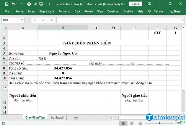 Cách tạo giấy biên nhận tiền trên Excel