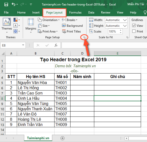 cach tao header trong excel 2019