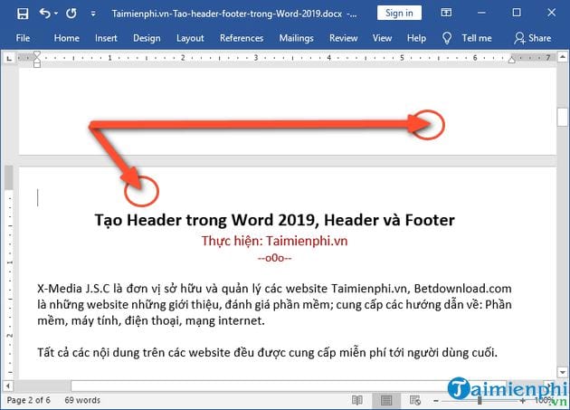 cach tao header trong word 2019 header va footer 2