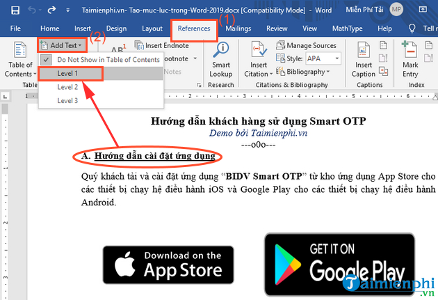 Cách tạo mục lục trong Word 2019