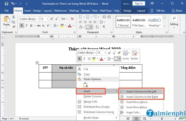 Cách thêm cột trong Word 2019
