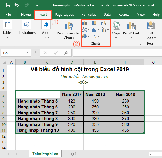 Cách vẽ biểu đồ hình cột trong Excel 2019, 2016, 2013, 2010, 2007, 2003 1