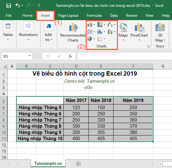 Cách vẽ biểu đồ hình cột trong Excel 2019