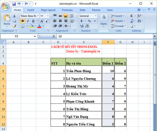 cach ve mui ten trong excel