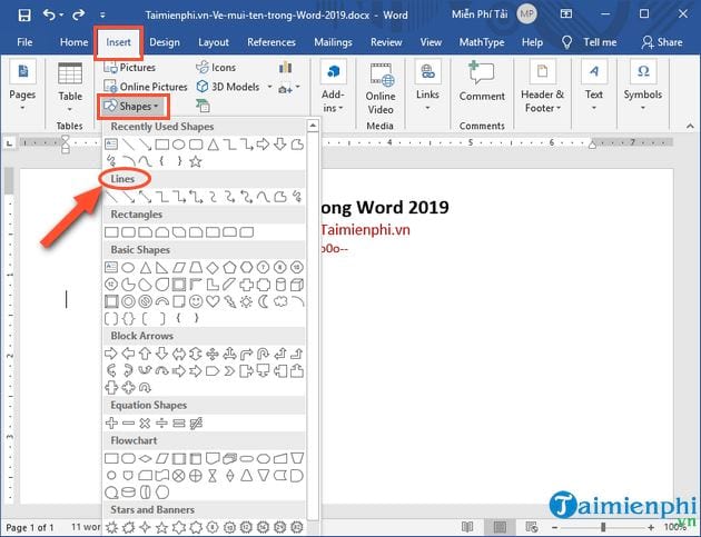 Cách vẽ mũi tên trong Word 2019