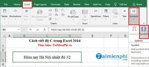 Cách viết độ C trong Excel 2016 bằng tổ hợp phím tắt