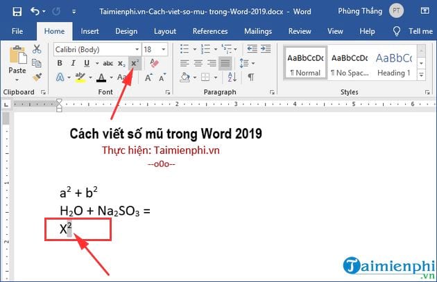 Cách viết số mũ trong Word 2019