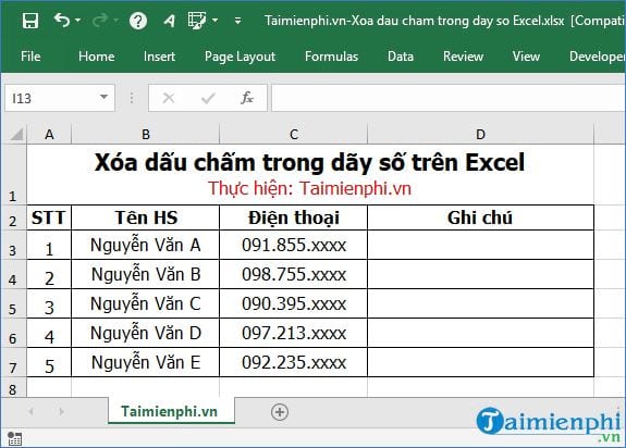 Cách xóa dấu chấm trong dãy số trên Excel