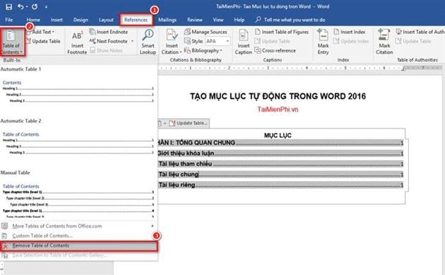 Cách xóa mục lục trong Word