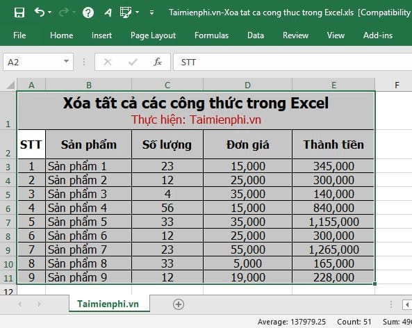 Cách xóa tất cả các công thức trong Excel