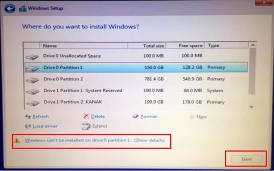 cai windows 10 bao loi windows can t be installed on driver 0 partition 1 2
