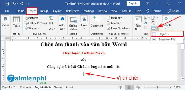 chen am thanh vao van ban word 2