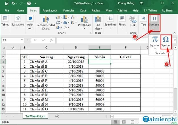 Chèn ký tự đặc biệt trong Excel 2016