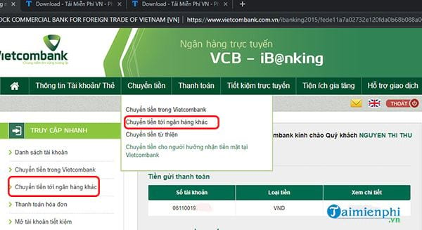 Chuyển tiền nhanh qua thẻ tới ngân hàng khác từ Vietcombank 1