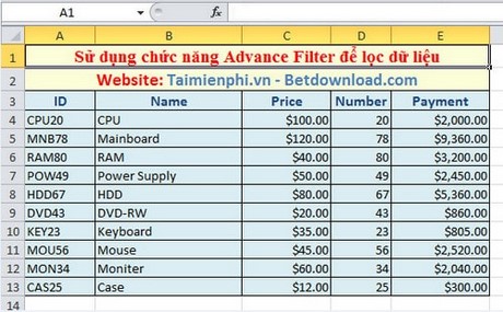 Cách sử dụng Advanced Filter trong Excel 1