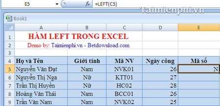 Hàm LEFT trong Excel, cắt chuỗi ký tự bên trái 1