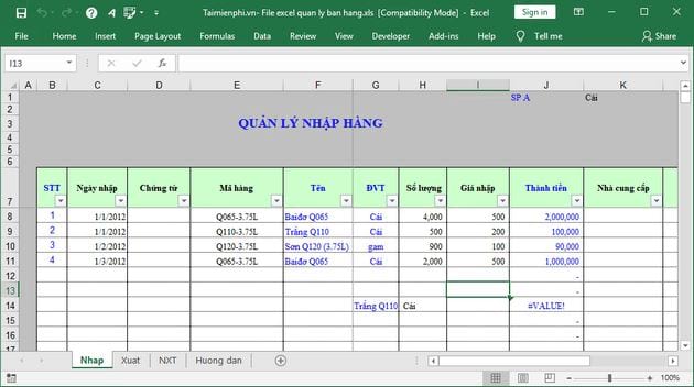 File Excel quản lý bán hàng