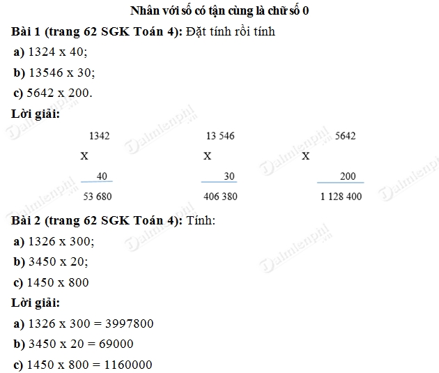 Giải bài tập trang 62 SGK toán 4