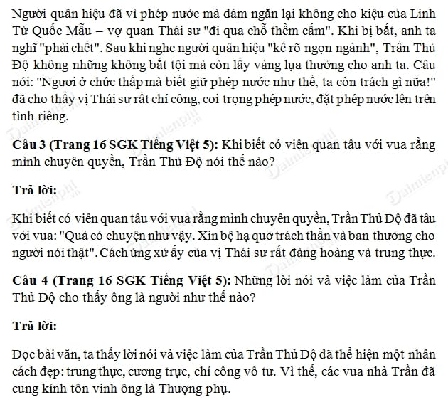 Soạn Tiếng Việt lớp 5 - Thái sư Trần Thủ Độ, tập đọc