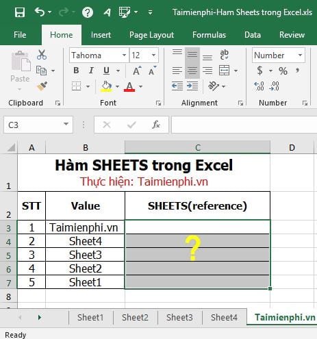 Hàm SHEETS trong Excel 2013, 2016, 2019