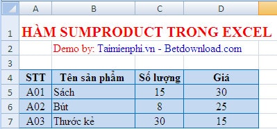ham sumproduct trong excel