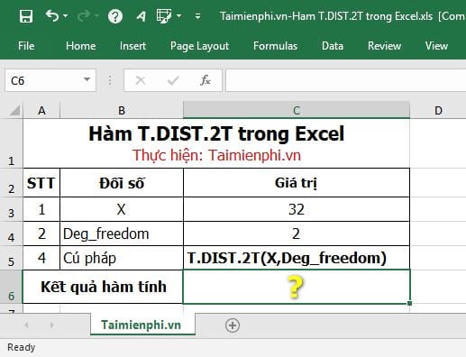 Hàm T.DIST.2T trong Excel