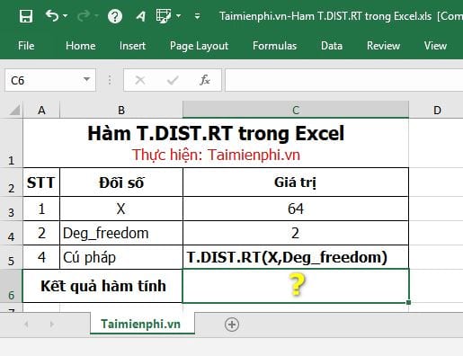 Hàm T.DIST.RT trong Excel