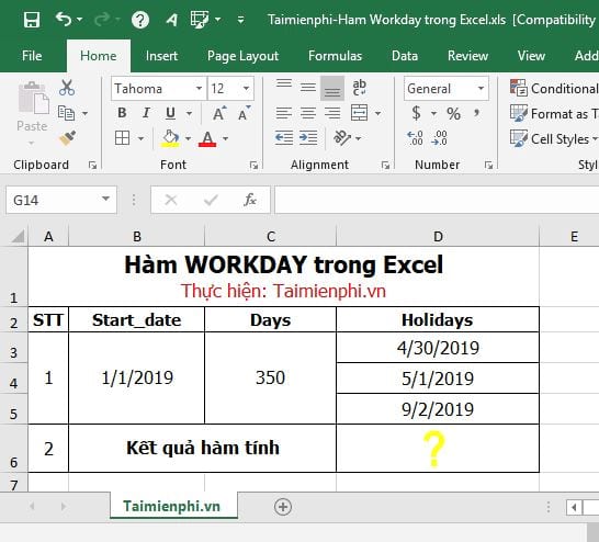 Hàm WORKDAY trong Excel