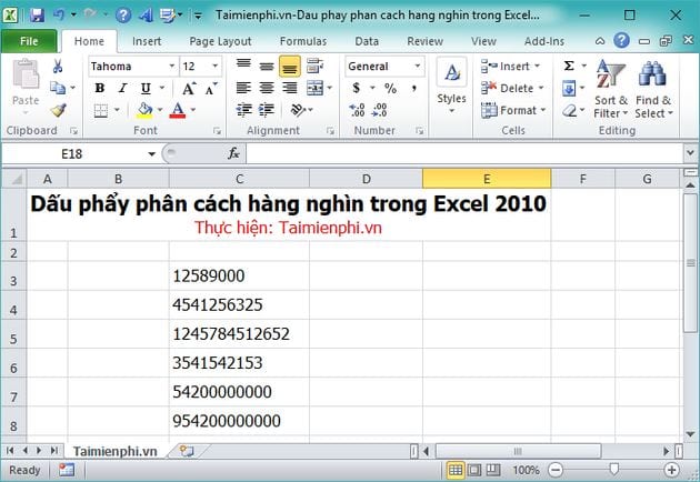 Hiện dấu phẩy phân cách hàng nghìn trong Excel 2010