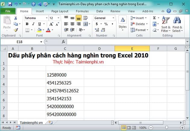 hien dau phay phan cach hang nghin trong excel 2010 2