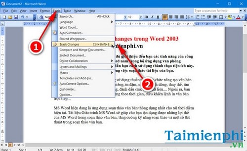 bat track changes trong word 2003