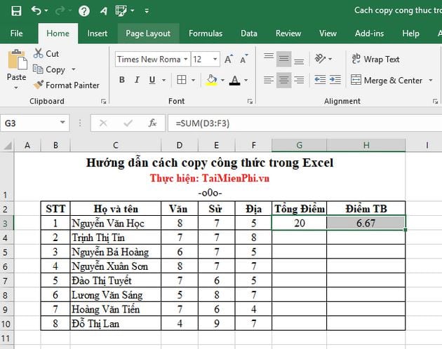 Hướng dẫn cách copy công thức trong Excel