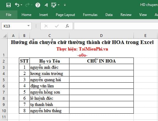 huong dan chuyen chu thuong thanh chu hoa trong excel 2