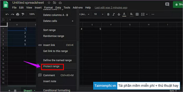 khoa o va cot trong google sheets