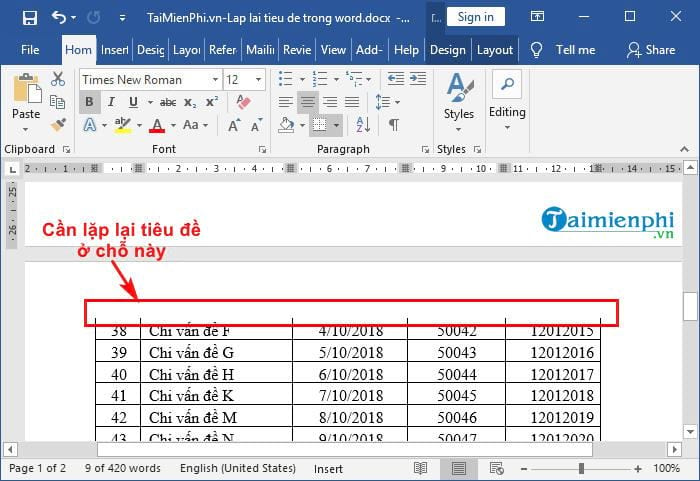 Lặp lại tiêu đề trong Word 2016