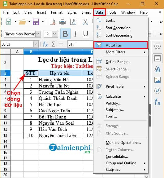 Lọc dữ liệu trong LibreOffice
