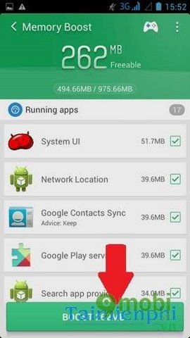 Sử dụng chức năng tăng bộ nhớ của Clean Master trên Android