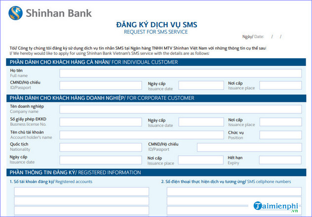 mau dang ky SMS Banking Shinhan Bank