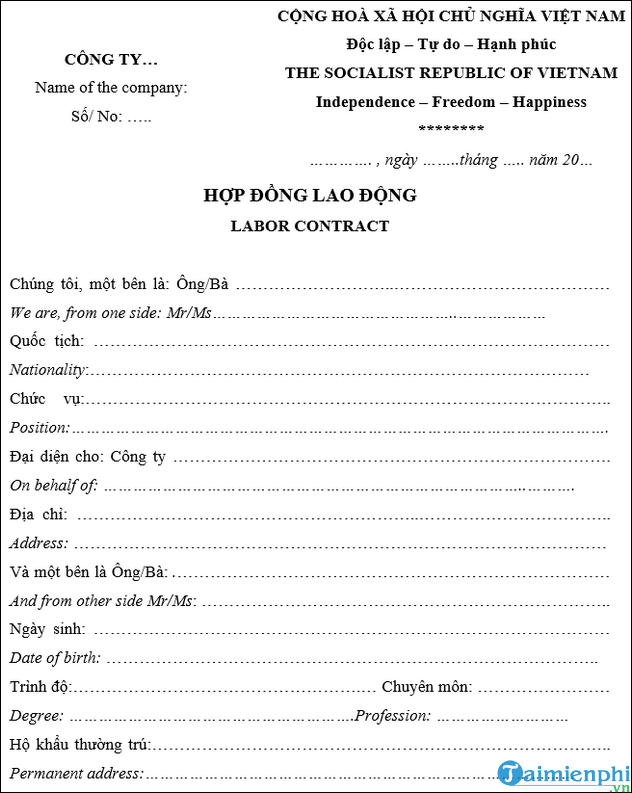Mau hop dong lao dong song ngu Anh - Viet