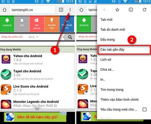 mo lai cac tab google chrome vua dong tren dien thoai