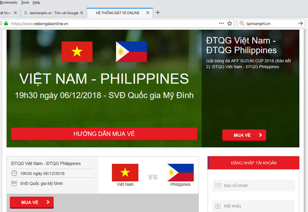 Đặt mua vé online Việt Nam vs Philippines