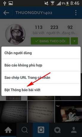 Nhan thong bao tu mot nguoi tren Instagram