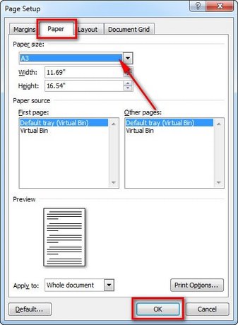 Hỏi cách in khổ giấy A3 trên word 2013