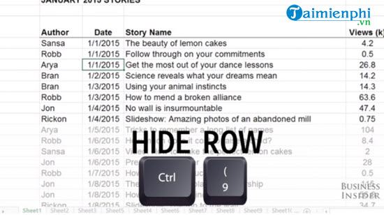 Phím tắt ẩn, hiện dòng cột trong Excel